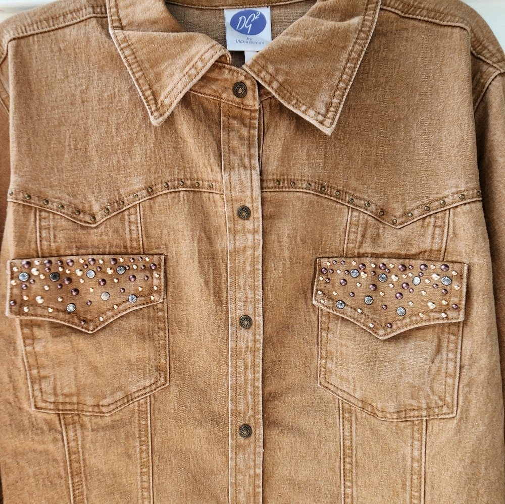 Denium Shirt Jacket Embellished Tan Kaiki 2X New with Tags - Picture 8 of 10